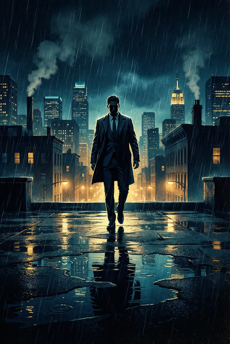 龙珠z日语 出品影片《雨夜独行者》海报，雨中城市屋顶男性剪影